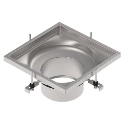 Isometrisk visning af Blücher overdel med bærering til vandlås, 300x300mm, syrefast stål AISI316L/EN1.4404.