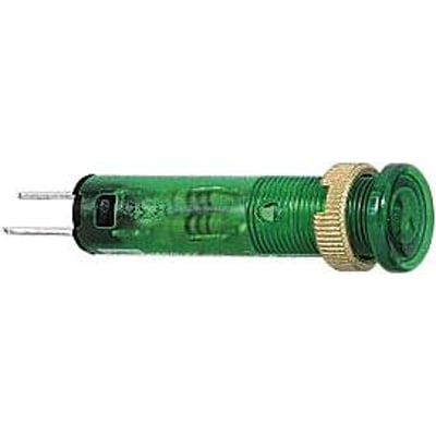 Grøn lysdiode fra Schneider Electric med sort frontring og fremskudt LED, 12VDC, med tilslutningsben og messinggevind.