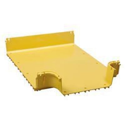 CommScope FiberGuide T-stykke i gul farve, med to 24x4" indgange og en 12x4" udgang til fiberoptisk kabelføring.
