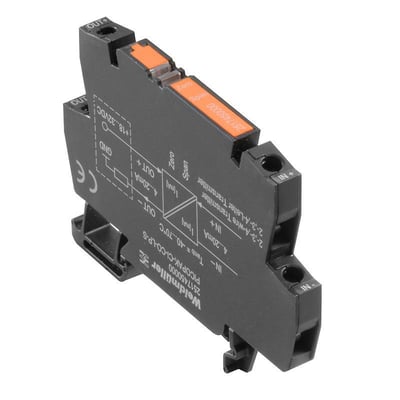 Weidmüller signalomformer og isolator til 4-20 mA med sort kabinet og orange mærkefelt, set skråt fra siden.