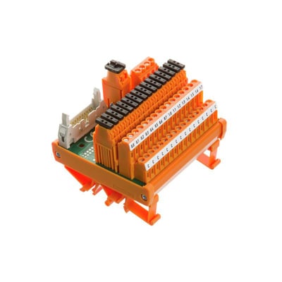 Weidmüller LL2N interface-modul med relæ og skrueforbindelser, set skråt forfra med orange terminalrækker og sorte stik.