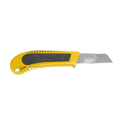 Ironside hobbykniv med 18 mm klinge, gul og sort gummigreb og metalramme, vist fra siden med klingen trukket ud.