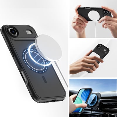 Sort 4smarts Defend UltiMag-cover til iPhone Air med magnetisk ring, vist under opladning og i brug.