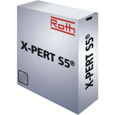 Kasse med Roth X-PERT S5® gulvvarmerør, 16x2mm, 650 meter i grå med sort og rød tekst. Leveres til beton- og pladesystemer.