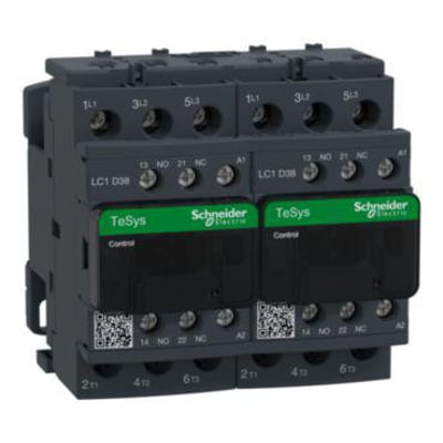 Schneider Electric TeSys D kontaktor for reversering med 38A kapacitet og 24VAC spole, vist med mørkegrå kabinet og grønne mærkater.