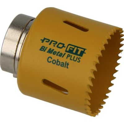 PRO-FIT ProFit Plus kobolt-bimetalhulsav på 52 mm med integreret adapter, set skråt med gul krop og savtænder.