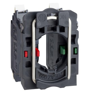 Schneider Electric Harmony XB5 kontaktkrop, set fra siden, fremhæver push-in fjederterminaler og robust plastkonstruktion.