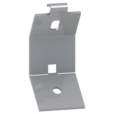 Schneider Electric beslag til kabelkanal i metal med forskellige monteringshuller og en clipsfunktion.