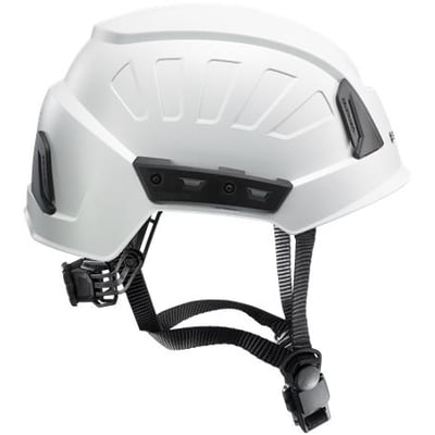 Hvid Skylotec Inceptor GRX High Voltage klatrehjelm med 4-punkts hagerem og justeringsskrue, uden ventilationshuller.