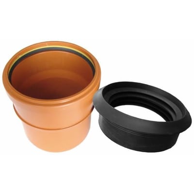 Lauridsen manchet/rør til beton, 110/138 x 50 mm, viser det orange PP rørstykke og den sorte SBR gummi manchet separat.