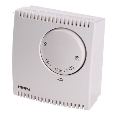 Hvid Perry rumtermostat model TEG 132 med drejeknap og temperaturindstillinger fra 10 til 30 grader på hvid baggrund.