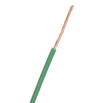 Grøn monteringsledning 1x0,75mm² H05V2-K med udspaltet kobberleder og isolering, vist med den grønne isolering mod højre.