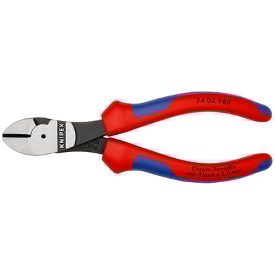 Knipex sidebidetang 74 02 160 med 160mm længde og tohånds greb i rød og blå farver.