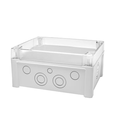 Fibox Tempo TPCM201610T kasse med transparent dæksel, 201x163x98 mm, med M20 og M32 prægninger på siderne.