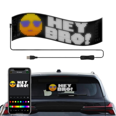 Fleksibelt pixel matrix panel med 32x96 pixels viser "HEY BRO!" smiley og tekst, forbundet til smartphone via Bluetooth og USB.