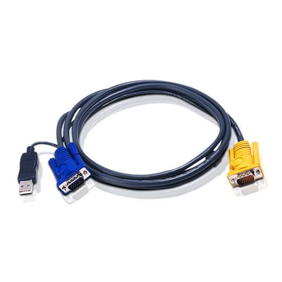 Blåt ATEN KVM-kabel 2L-5202UP på 2 meter med oprullet kabel og SPHD15-, HD15- og USB-A-stik.