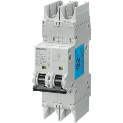 Grå 2-polet automatsikring Siemens SENTRON 5SJ4 med to betjeningsgreb, D-karakteristik og 10 A mærkstrøm.