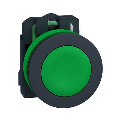 Schneider Electric Harmony XB5/ZB5 grøn flush trykknap med 1xNO kontakt og fjeder-retur på hvid baggrund.