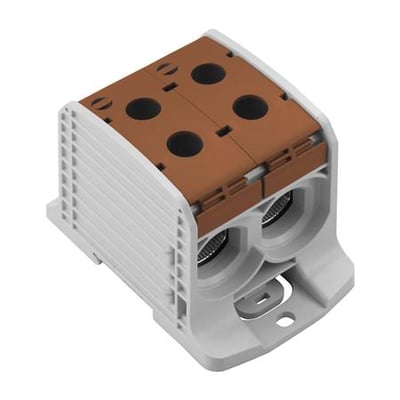 Weidmüller Fordelerklemme WPD 232 BN i brun med skrueterminaler, designet for 1000V og 250A, vist på hvid baggrund.