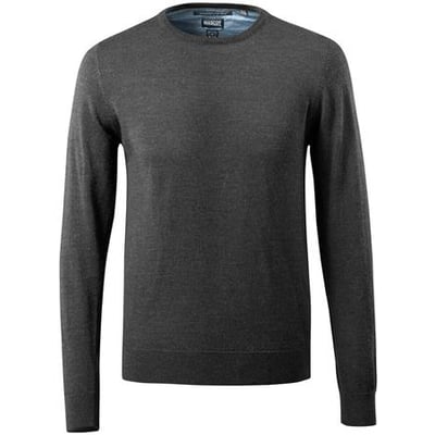Mascot striktrøje i mørk antracit og lys grå melange, med rund hals og lange ærmer, fremstillet af merinould.