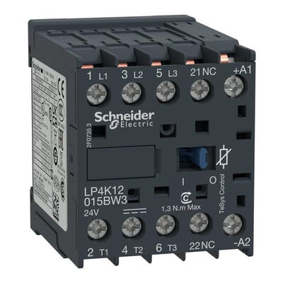 Schneider Electric TeSys K kontaktor 12A, 3P+1NC, 24V DC, model LP4K12015BW3 med tydeligt mærkede terminaler og logo.