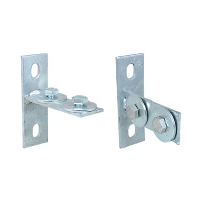 Walraven Rapidstrut T-beslag til lodret montering, elforzinket og vist fra to vinkler med bolte.