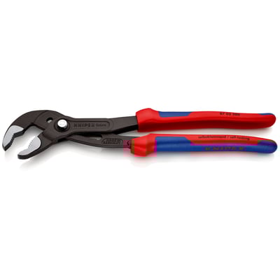 Knipex Cobra 8702-300 vandpumpetang med røde og blå håndtag, 300 mm lang, vist på hvid baggrund med produktinformation trykt på håndtagene.