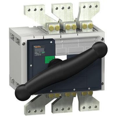 Schneider Electric Interpact INV2000 3-polet lastafbryder med sort håndtag og tydelige terminaler, designet til AC og DC netværk.