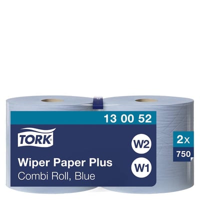 Pakke med to ruller Tork Aftørringspapir Plus, blå, mærket med W1/W2 system og 750 ark per rulle.