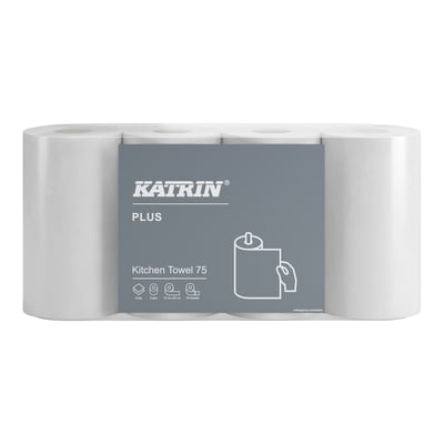 Hvid Katrin køkkenrulle 225960 Plus med to lag, pakket i klar plast med en grå etiket foran.