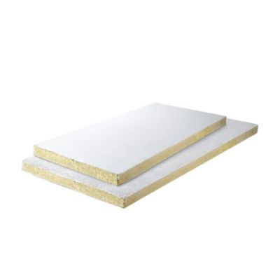 FPS brandplade 60mm, 2-sidet, to hvide stenuldsplader lagt ovenpå hinanden med gul stenuldskerne synlig på siden.