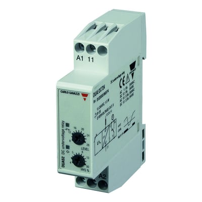 Carlo Gavazzi underspændingsrelæ med justerbare drejeknapper og tilslutninger, set skråt forfra.