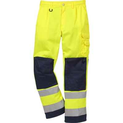 Kansas HI VIS bukser KL2 2001 i gul og marineblå, en detaljeret frontvisning der fremhæver knælommer med plads til knæpuder.