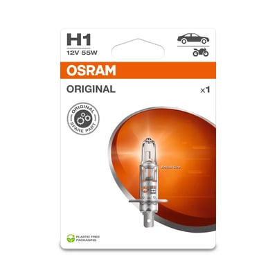 Osram H1 12V 55W Original P14,5S auto pære i plastfri emballage med illustration af bil og motorcykel.