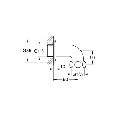 Teknisk tegning af Grohe afgangsbøjning DN 32 med dimensioner for fremspring og gevindstørrelser.