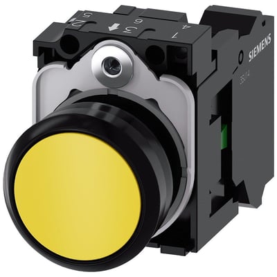 Siemens 22mm rund trykknap i gul plast med momentankontakt og fjederklemme monteret på sort baggrund.