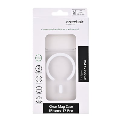 Emballage med transparent bagcover med magnet til iPhone 17 Pro, synligt gennem vinduet på forsiden.