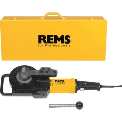 Kompakt gul opbevaringskasse med Rems logo til Curvo el-rørbukker, vist lukket.