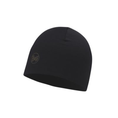 Sort Buff Thermal hue i 100 % merinould, vist skråt forfra med afrundet form og synligt Buff-logo.