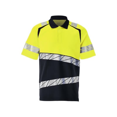 Mascot poloshirt 25083 i marine og hi-vis gul, størrelse 3XL, set forfra med skrå refleksbånd.