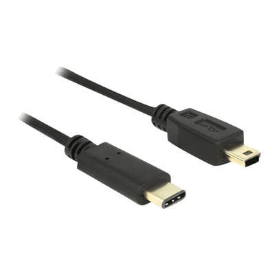 Delock USB 2.0 kabel med USB-C han til Mini-B han stik, 2 meter lang og sort, vist med begge stik tydeligt fremhævet.