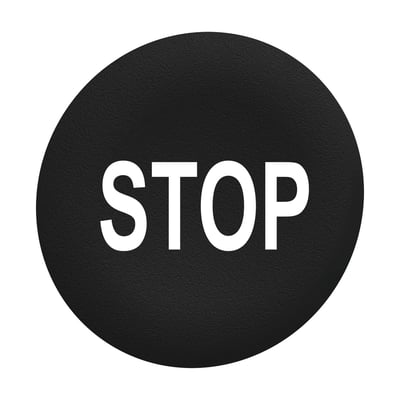 Schneider Electric sort trykflade med hvid tekst "STOP" til Ø30 mm flush trykknapper på hvid baggrund.