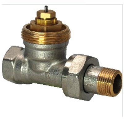 Siemens VDN210 radiatorventil i ligeløb med 3/8" NF tilslutning, lavet af messing og metal, isoleret på hvid baggrund.
