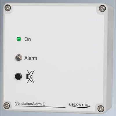 LS Control Ventilationsalarm E, 230VAC / ES 332, hvidt kabinet med grøn 'On' indikator og en 'Alarm' knap/indikator, viser produktets frontpanel.