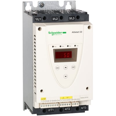 Schneider Electric Altistart 22 softstarter for 440V, 14.8A og 7.5kW, med digitalt display og betjeningsknapper.