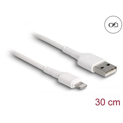 Delock USB til Lightning ladekabel i hvid, 30 cm, med standard USB-A og 8-pin Apple Lightning stik.