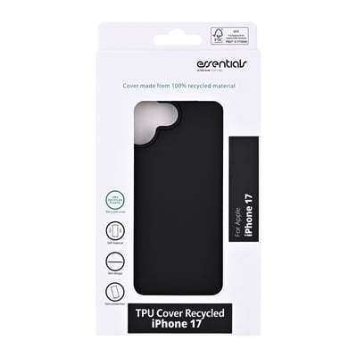 Sort TPU-bagcover til iPhone 17 i emballage, med slankt cover synligt gennem udskæringen.
