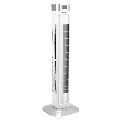 V-TAC 55W LED tårnvifte i hvid og grå med en rund base og fjernbetjening på et bord.