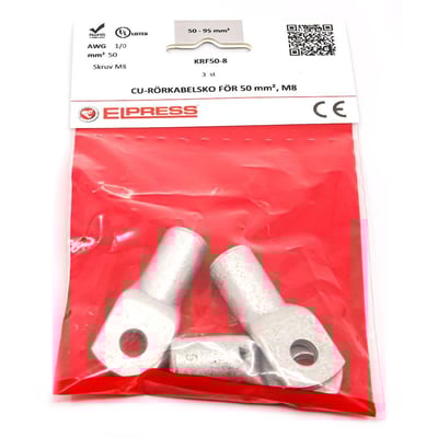 Elpress CU KRF50-8-CP rørkabelsko i kobber til 50mm² ledere med M8 laske, leveres i pose med 3 stk.