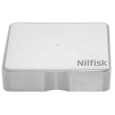 Trådløs modtagerboks fra Nilfisk i hvid plast med tydeligt Nilfisk logo, designet til Supreme og Performer støvsugere.